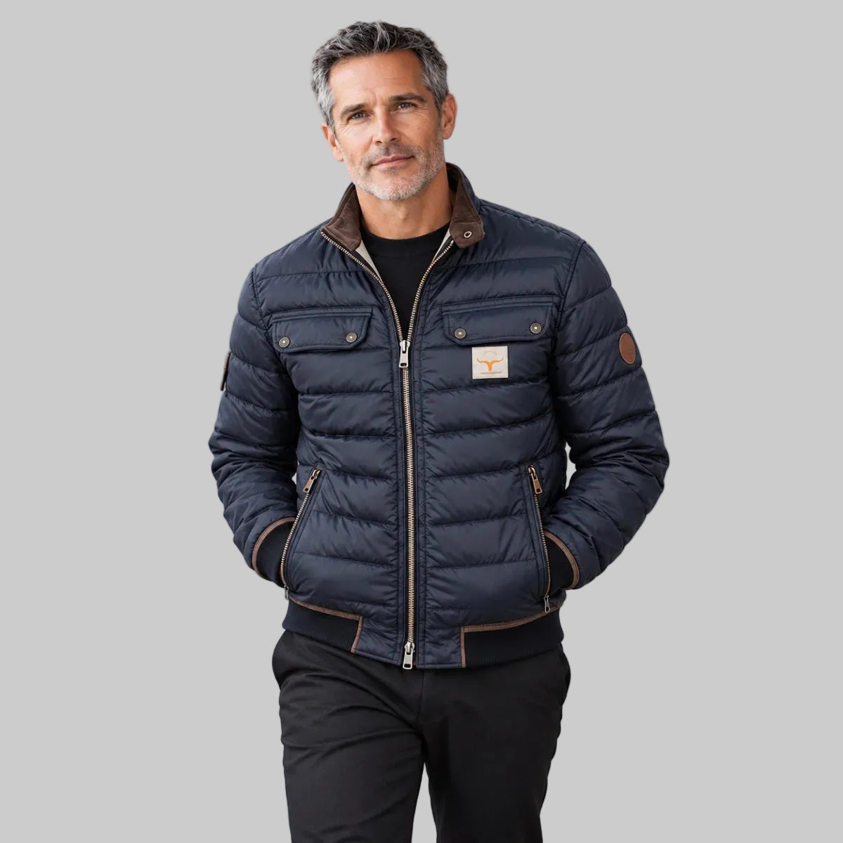 Men’s Quilted Jacket with Stand Collar & Zip Front – Alden