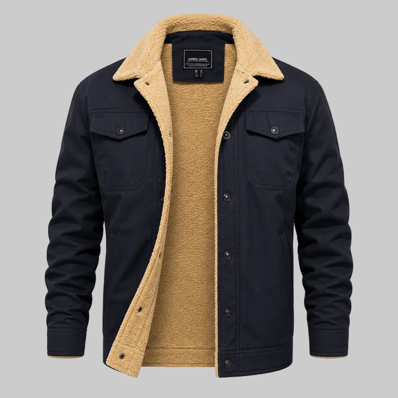 A men's dark navy blue jacket with a thick tan sherpa fleece lining, shown open against a plain white background.