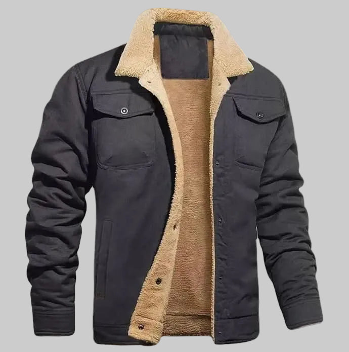 Black jacket with beige fleece lining on a white background