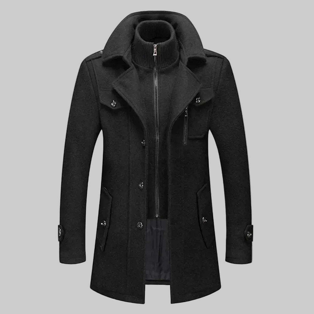 A men's black mid-length coat with a high mock neck, wide collar, front zipper, flap pockets, and button details on the sleeves, shown on a plain white background.