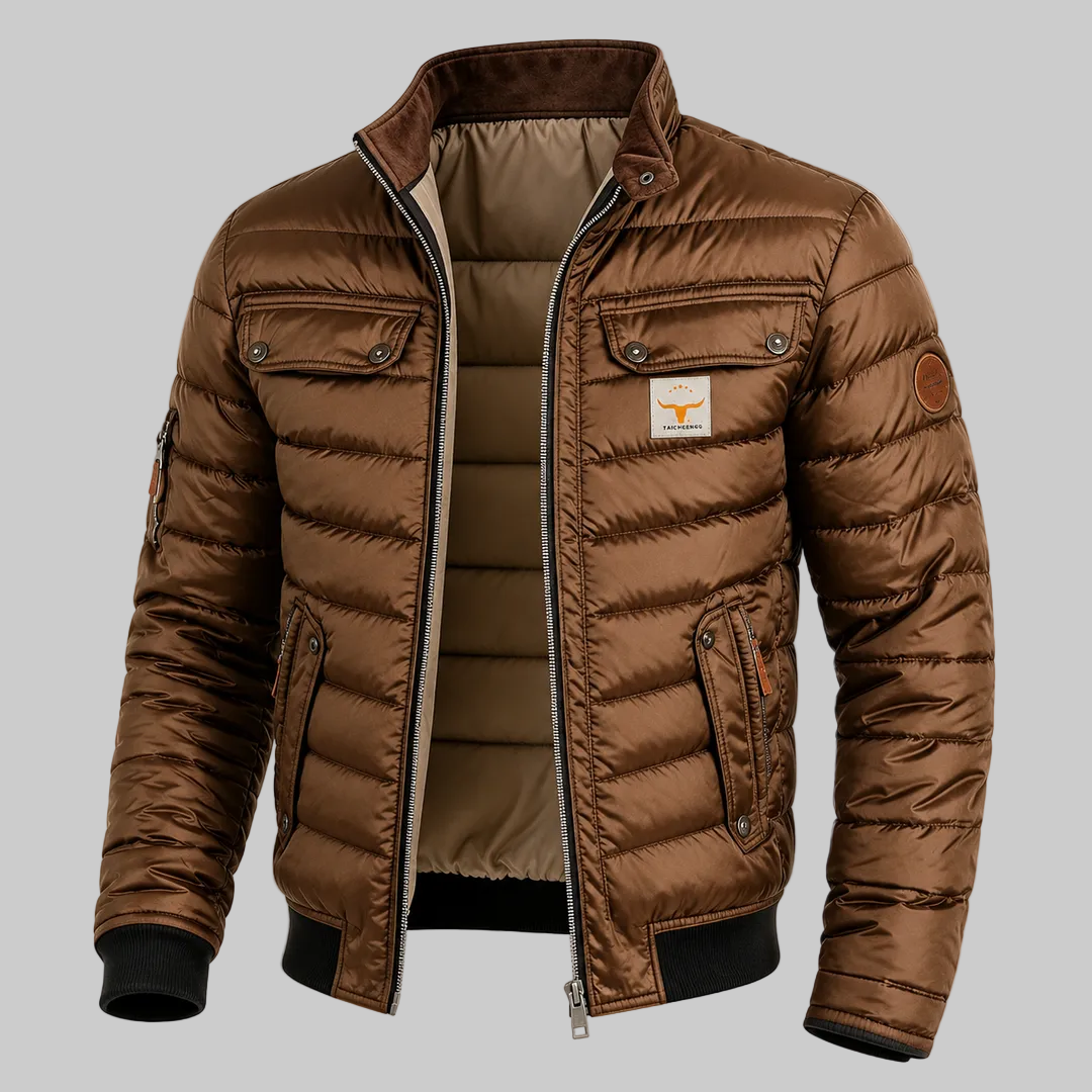 Alden men’s quilted jacket in brown with stand collar, front view